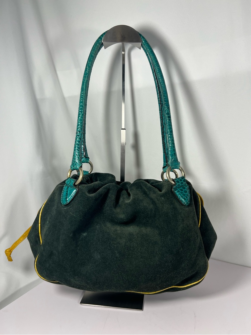 3107: Etro Vintage Suede Drawstring Shoulder Bag Green Teal Yellow